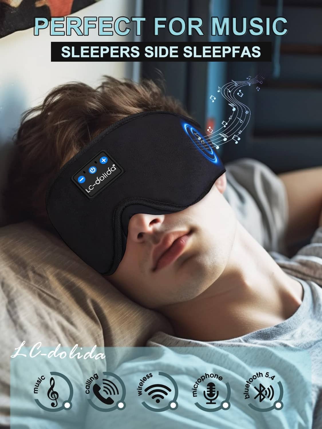 Black Bluetooth sleep mask for side sleepers, 3D contoured fit