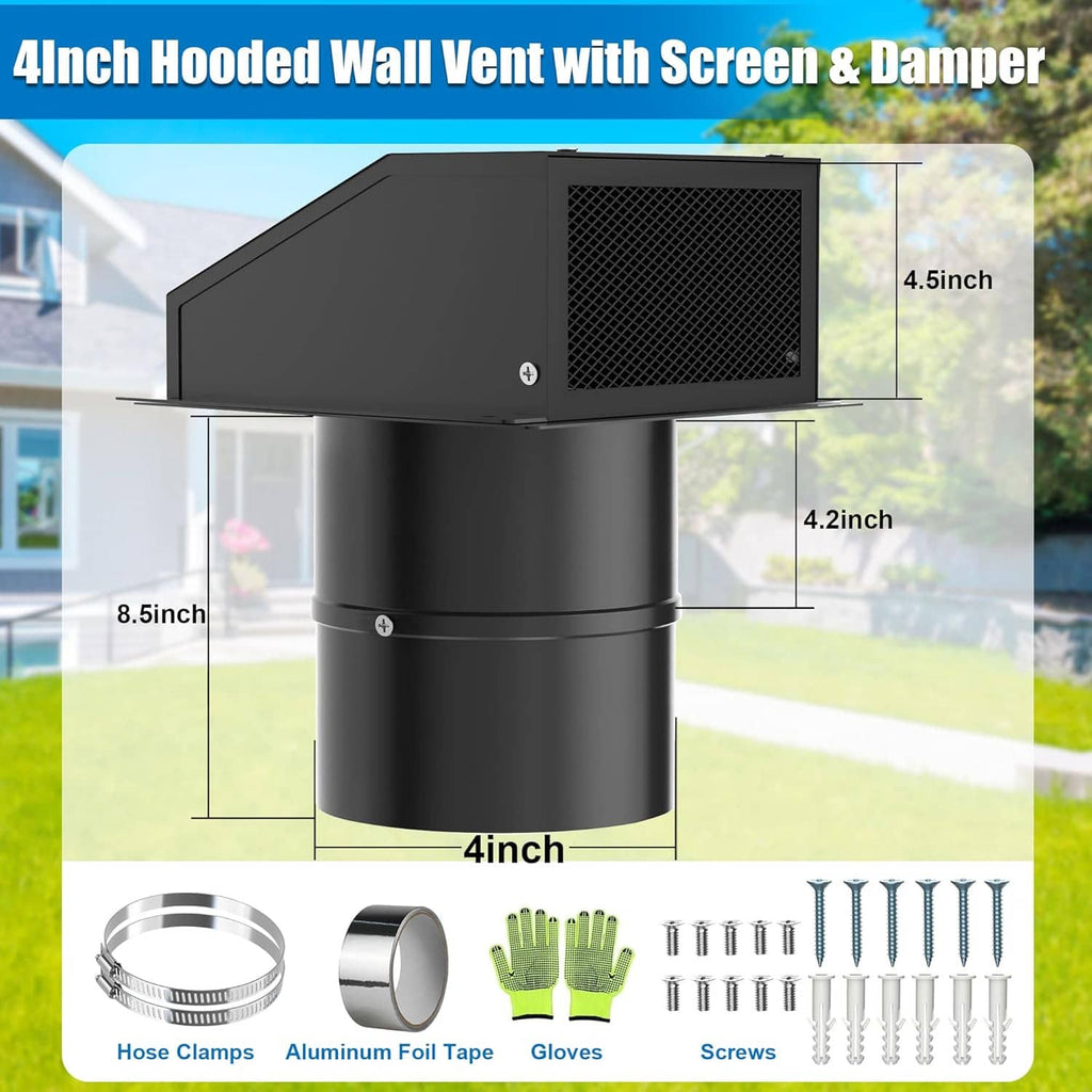 4-inch hooded wall vent with square mesh screen and flared duct connection