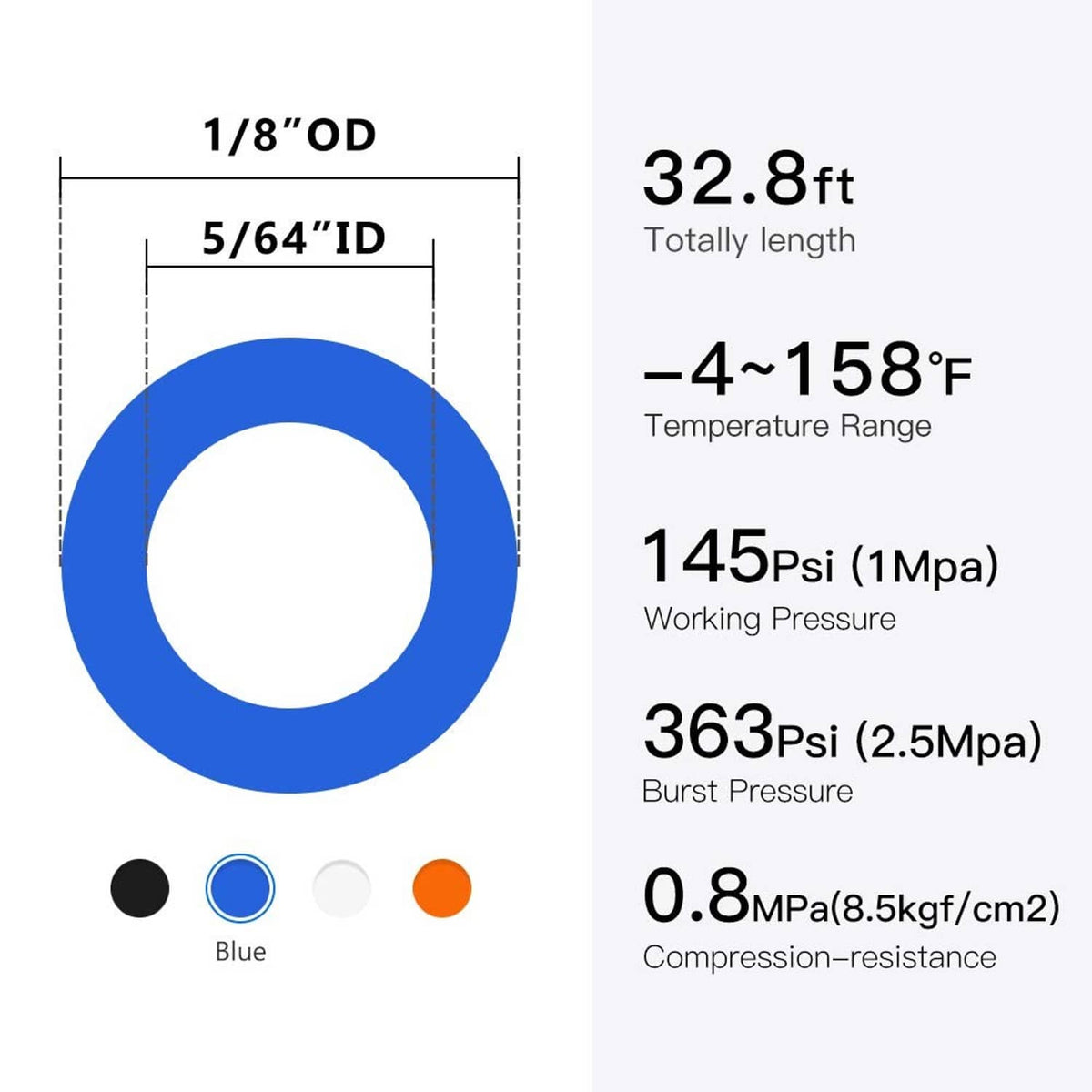 Quickun blue pneumatic tubing, 1/8 in OD, 5/64 in ID; 32.8 ft total length
