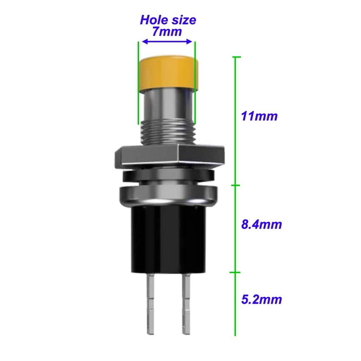 7mm mini push button switch with yellow cap, black body, and two pin terminals