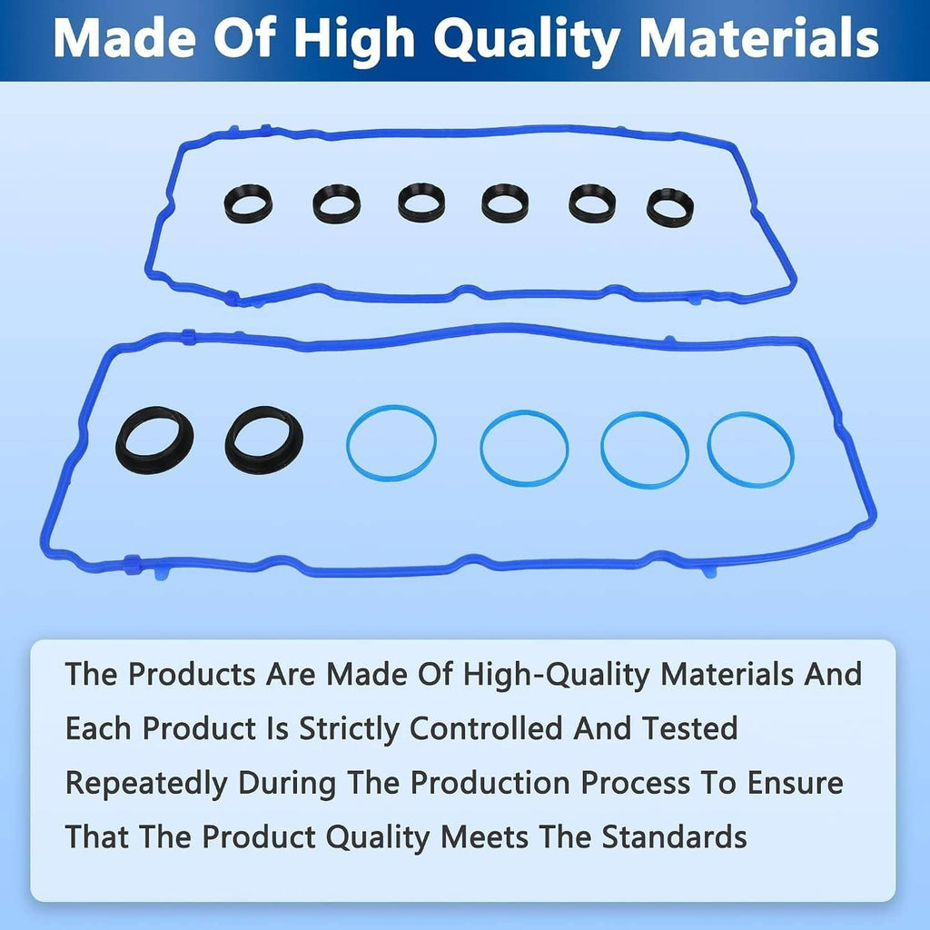 Valve cover gasket kit with two blue gaskets and black and gray O-rings