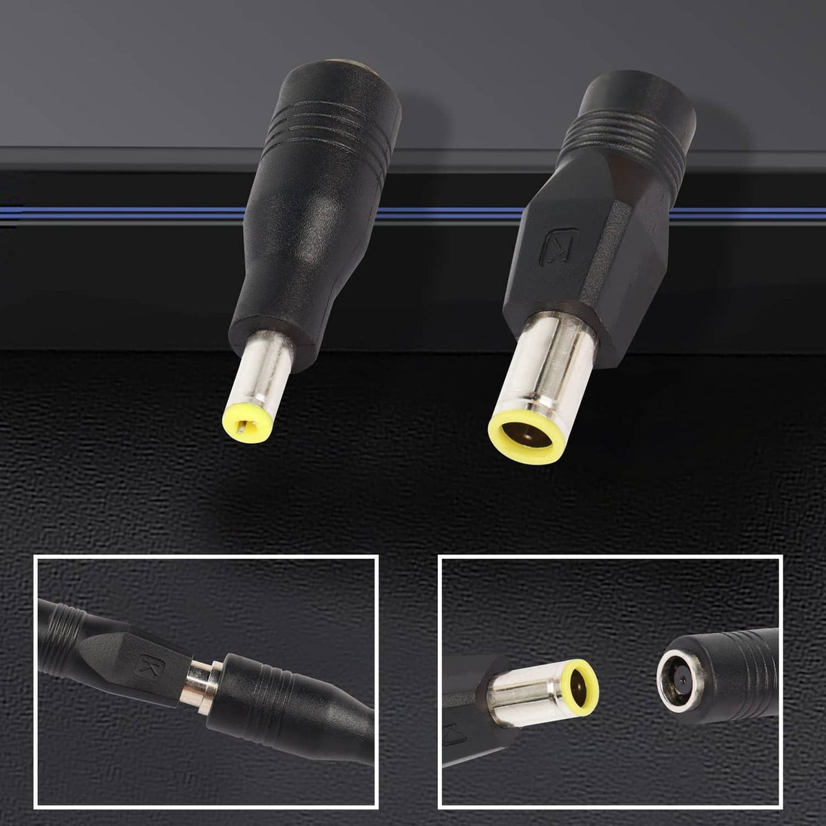 Two black DC plug adapters with 8mm male tips and 5.5x2.1 female ports
