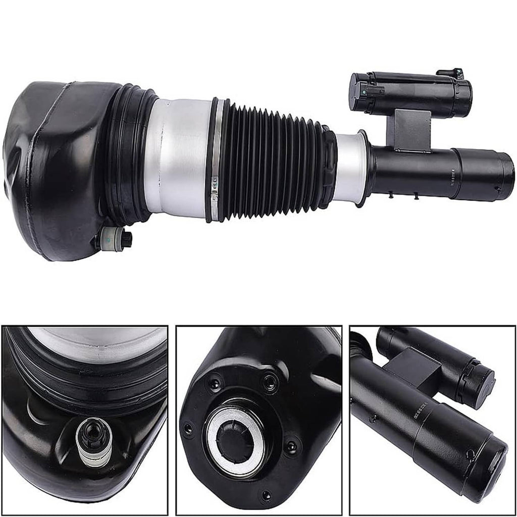 Air suspension strut assembly with rubber air spring, metal end caps, and mounting