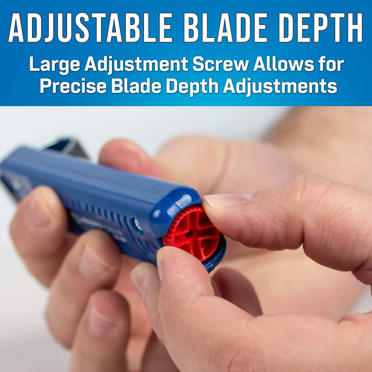 Blue cable stripping tool with adjustable blade depth and red setting ring