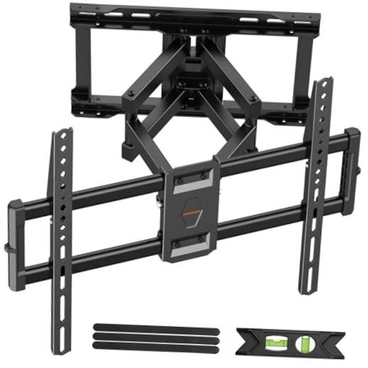 Black full-motion TV wall mount with crossbar arms and slotted brackets