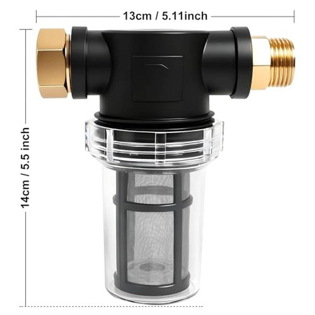 Pressure washer inlet water filter with black housing and clear cylindrical mesh screen.