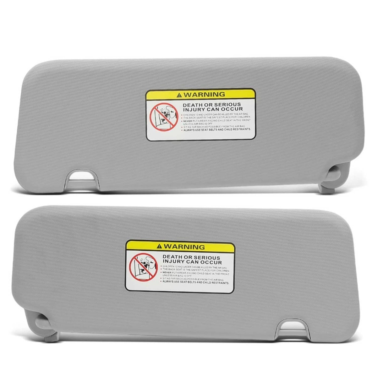 Gray pair of sun visors with built-in vanity mirrors, driver and passenger set