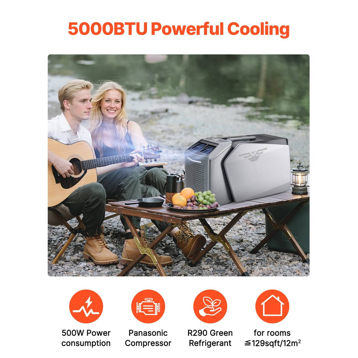 Portable air conditioner set on outdoor table near a tent for camping use