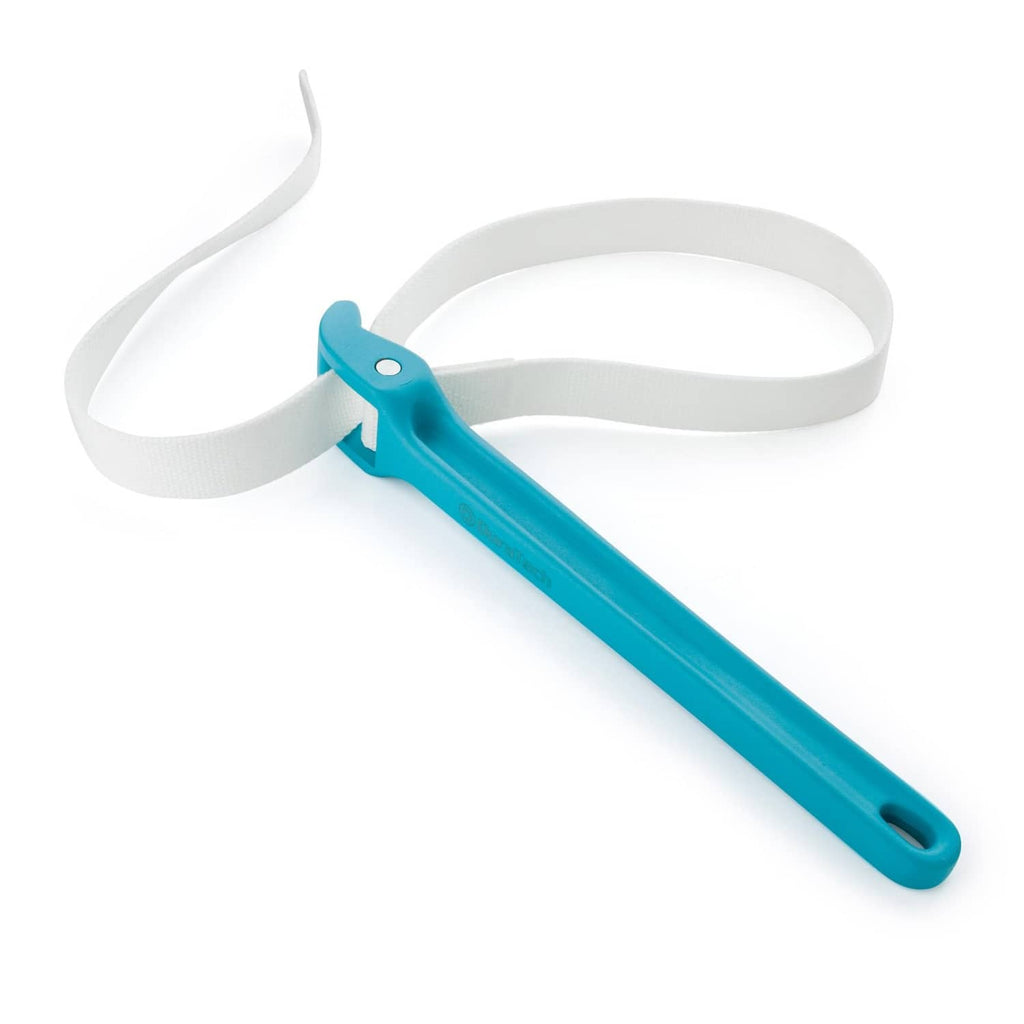 Blue nylon strap pipe wrench with 12-inch handle, adjustable woven strap.