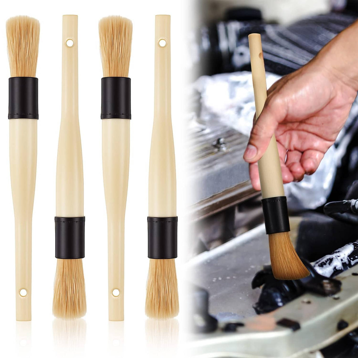 4-pack parts cleaning brushes with beige handles and soft bristles