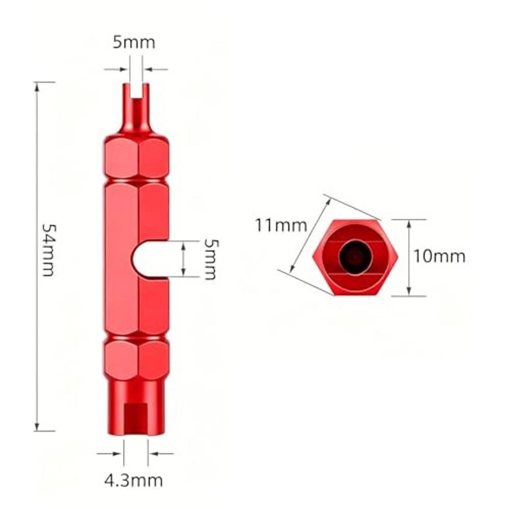 Red valve core removal tool with 5 mm and 11 mm size measurements