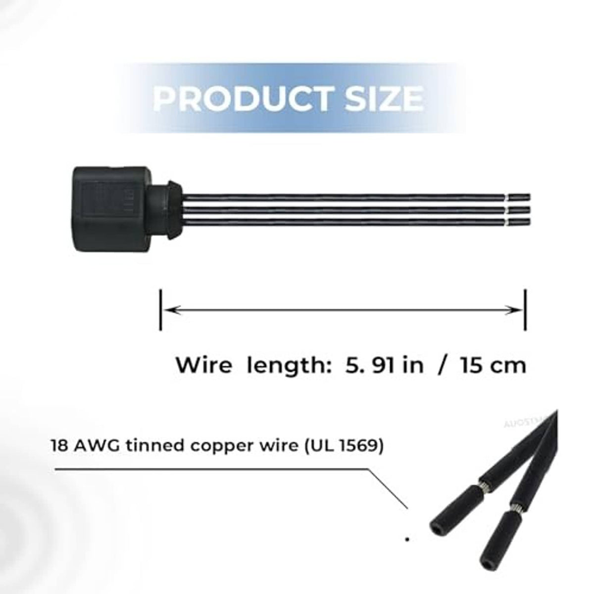 Black wire harness with plug end and multiple lead wires for a 6-pin connector.