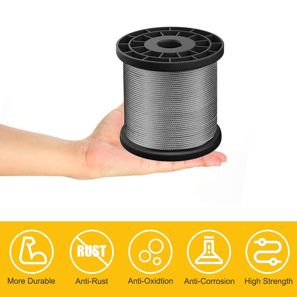 Stainless wire rope on black spool, held in hand, silver