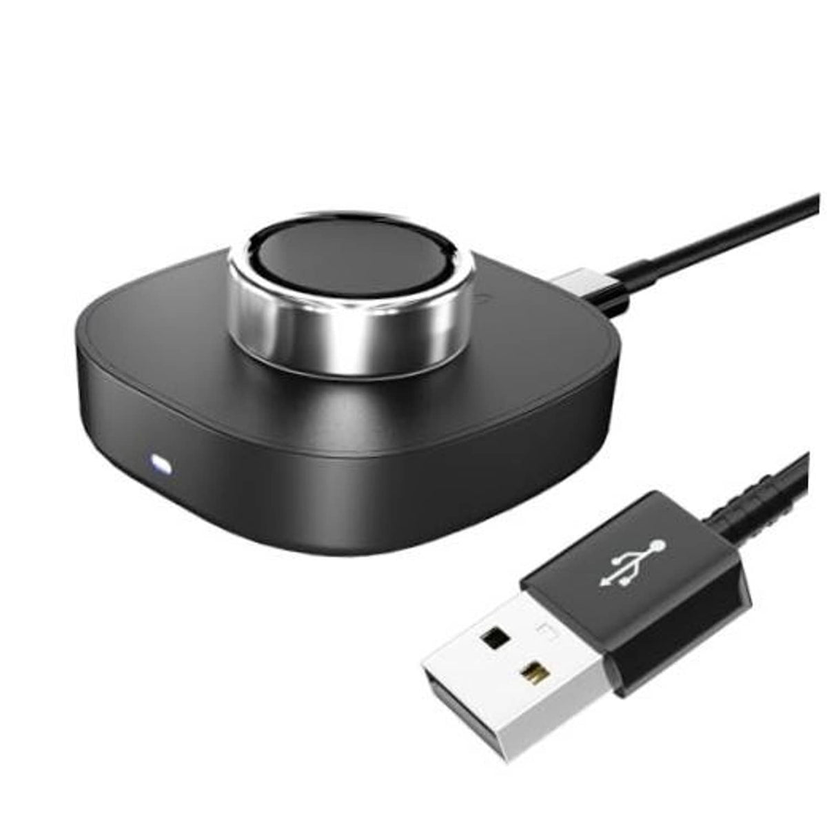 Matte black charging dock with circular top and USB-C cable connection