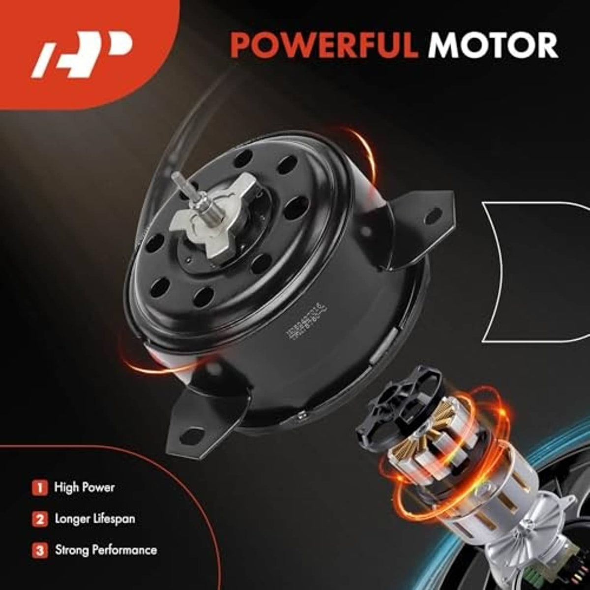 Radiator fan motor with black housing and metal shaft, showing mounting bracket