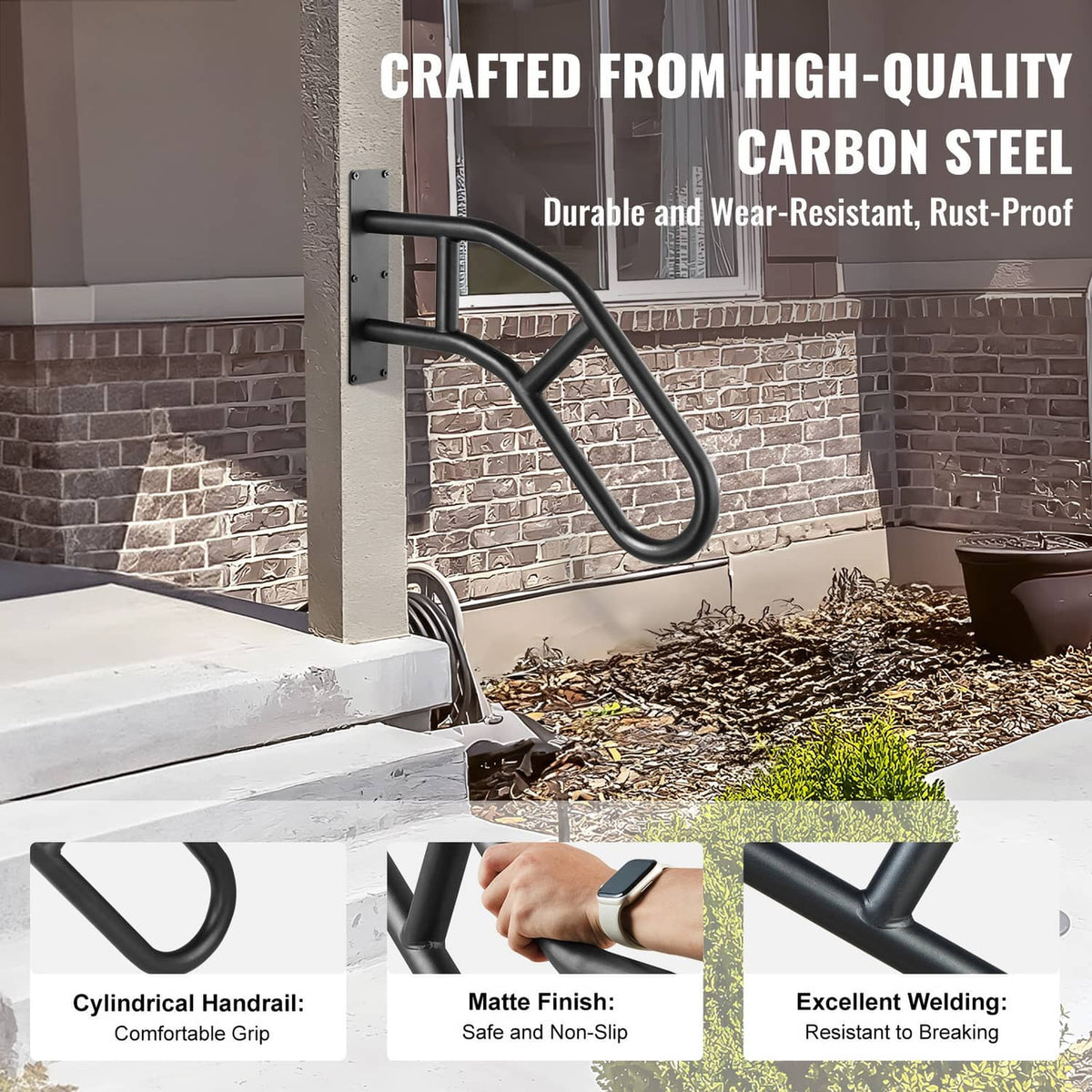 Black matte safety handrail with curved grip for stairs and entry steps