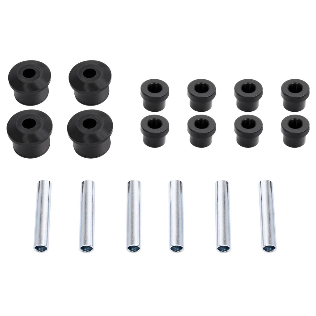 Leaf spring bushing kit pieces: black bushings with center holes and silver sleeves