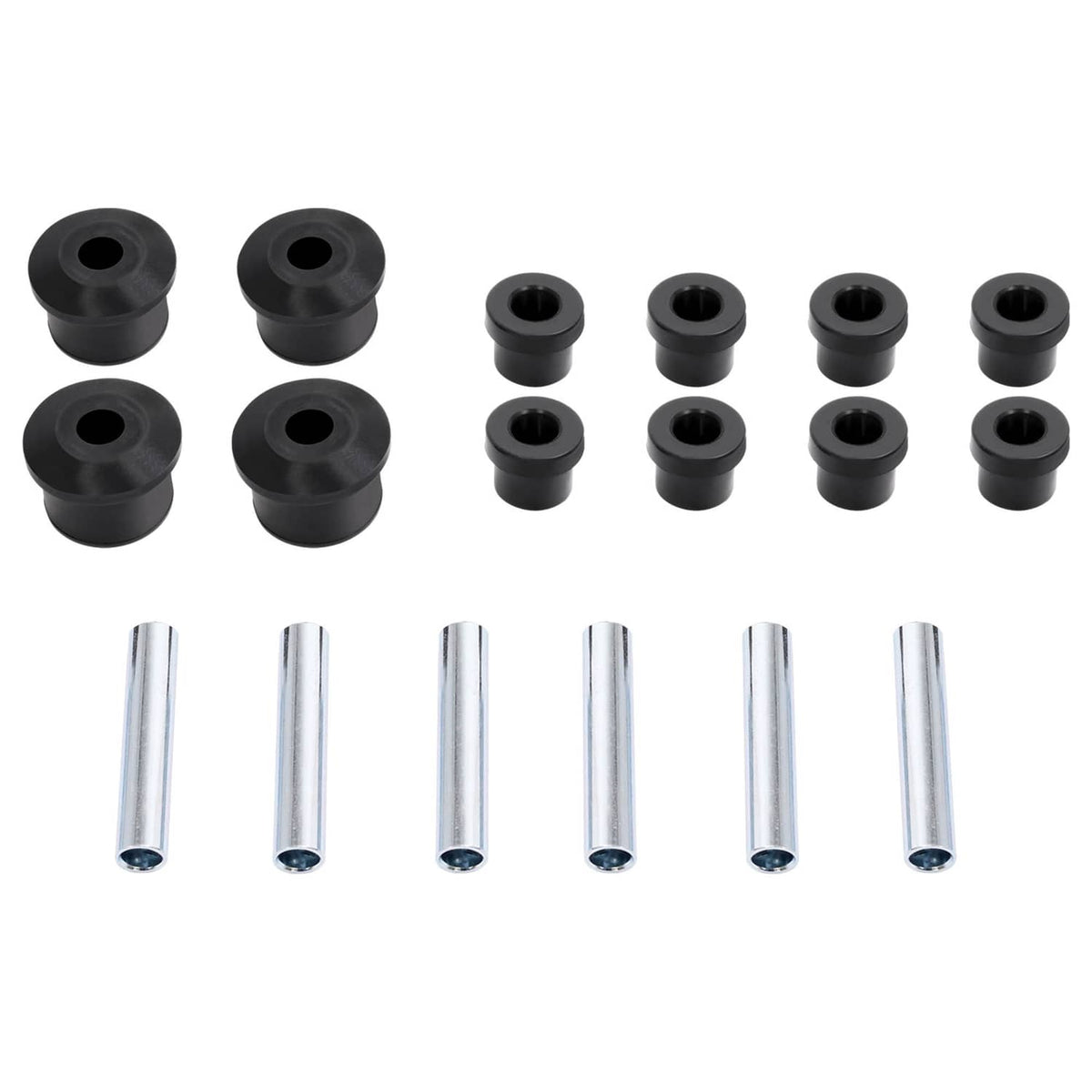 Leaf spring bushing kit pieces: black bushings with center holes and silver sleeves