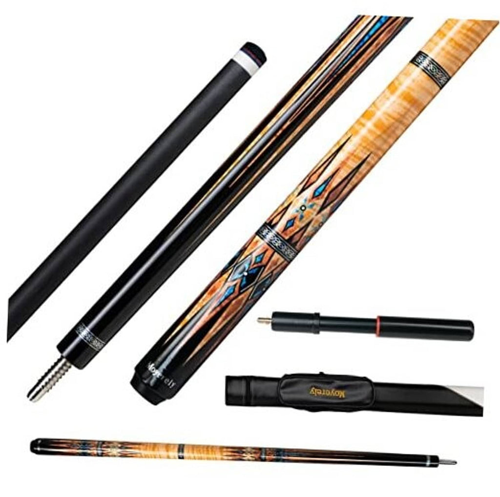 Pool cue set with black carbon-fiber shaft, decorative midsection, and matching extension