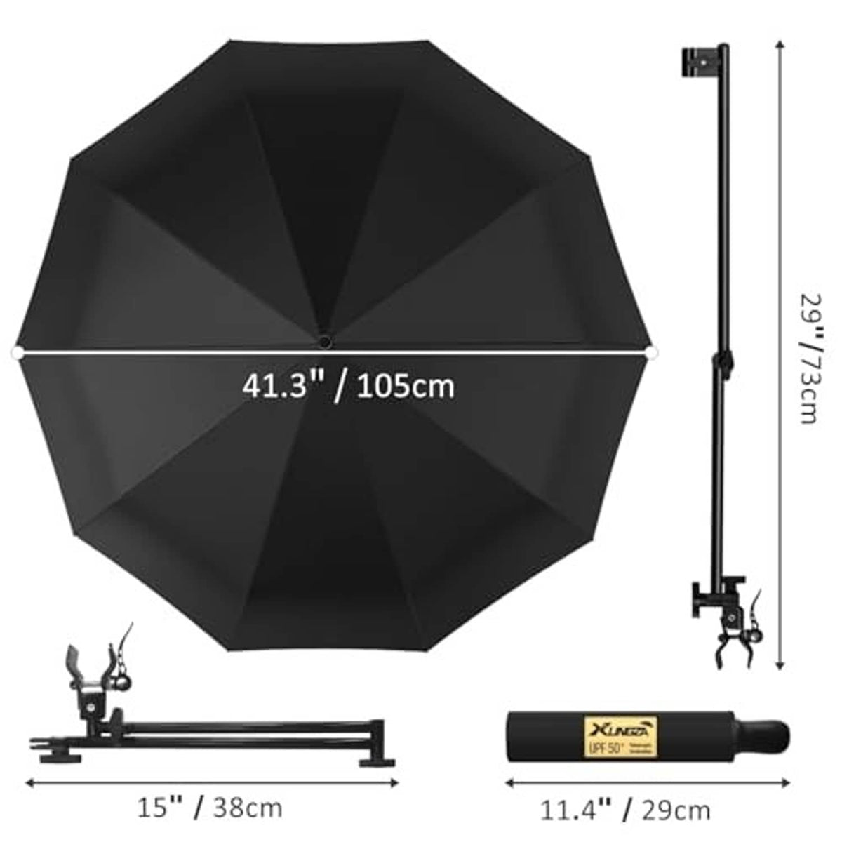 Black beach umbrella with dimensions shown and clamp mount hardware