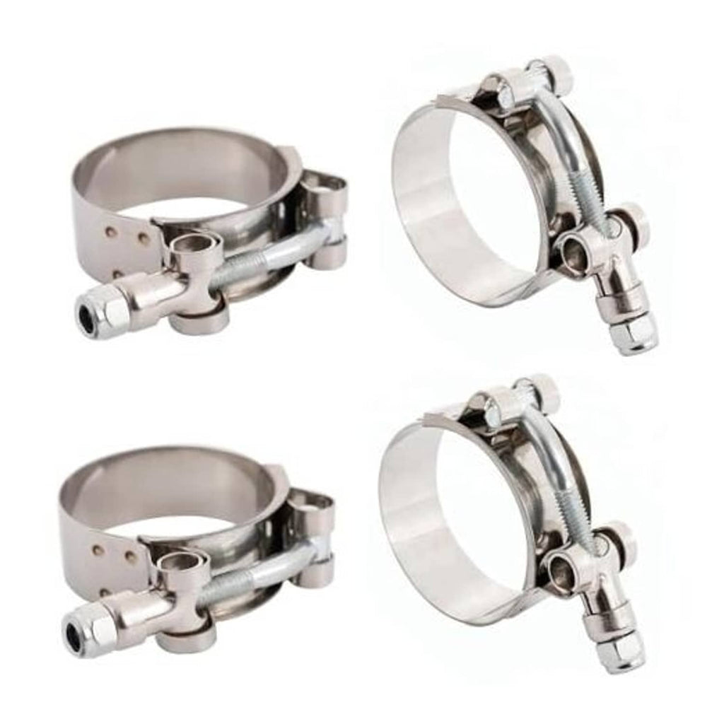 Stainless steel T-bolt hose clamp with wide band and screw drive, side-by-side view