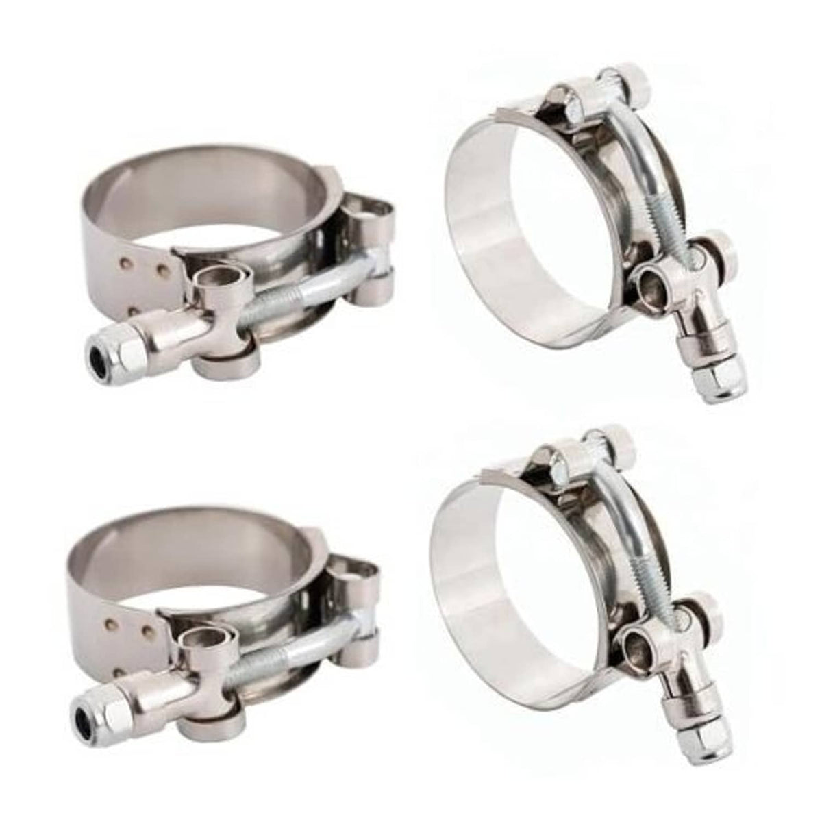 Stainless steel T-bolt hose clamp with wide band and screw drive, side-by-side view