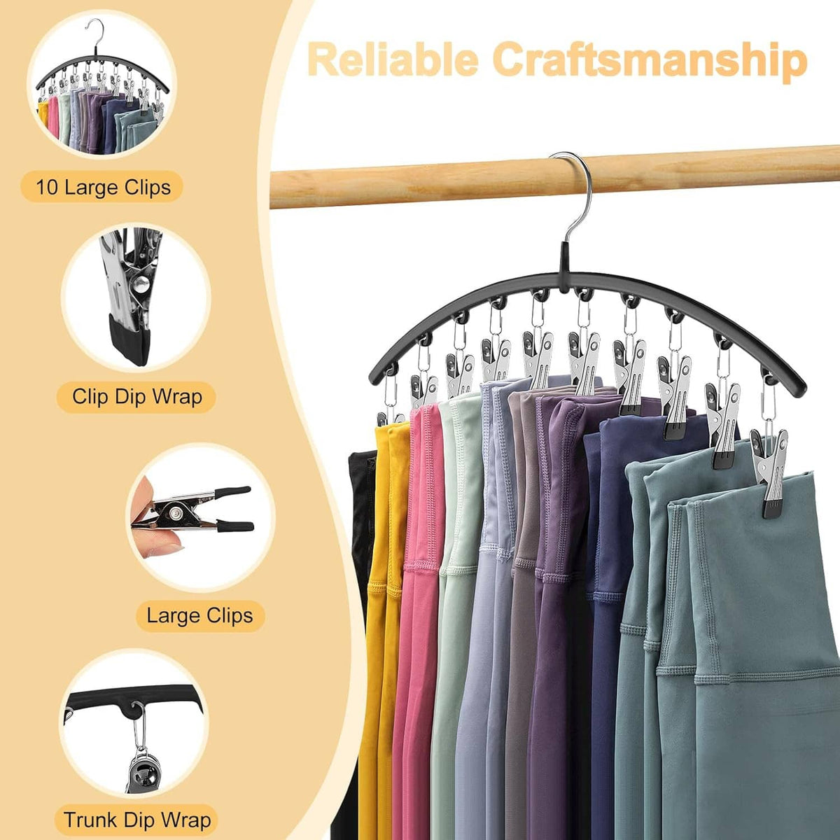 Arched legging organizer hanger with 10 clips holding folded pants in assorted colors