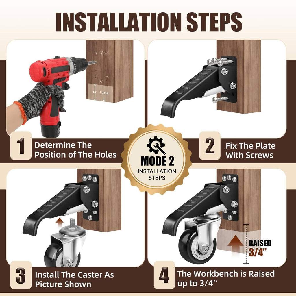 Installation steps for workbench caster mount: plate, screws, and raised caster position.