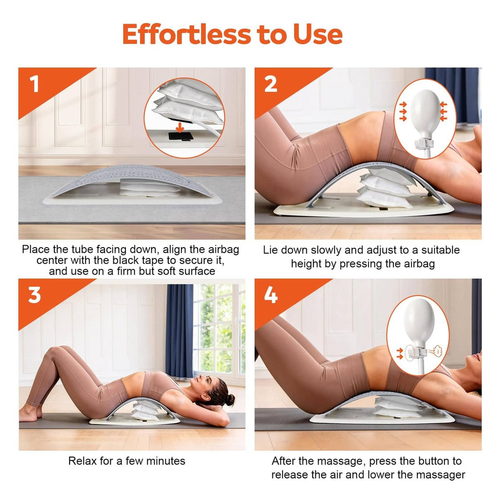 Inflatable back stretcher with airbag insert and strap, shown during use steps