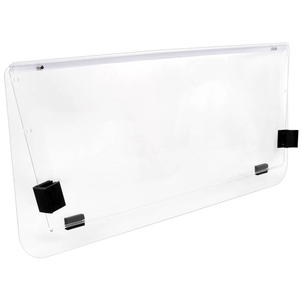 Clear polycarbonate folding windshield panel with black latch mounts