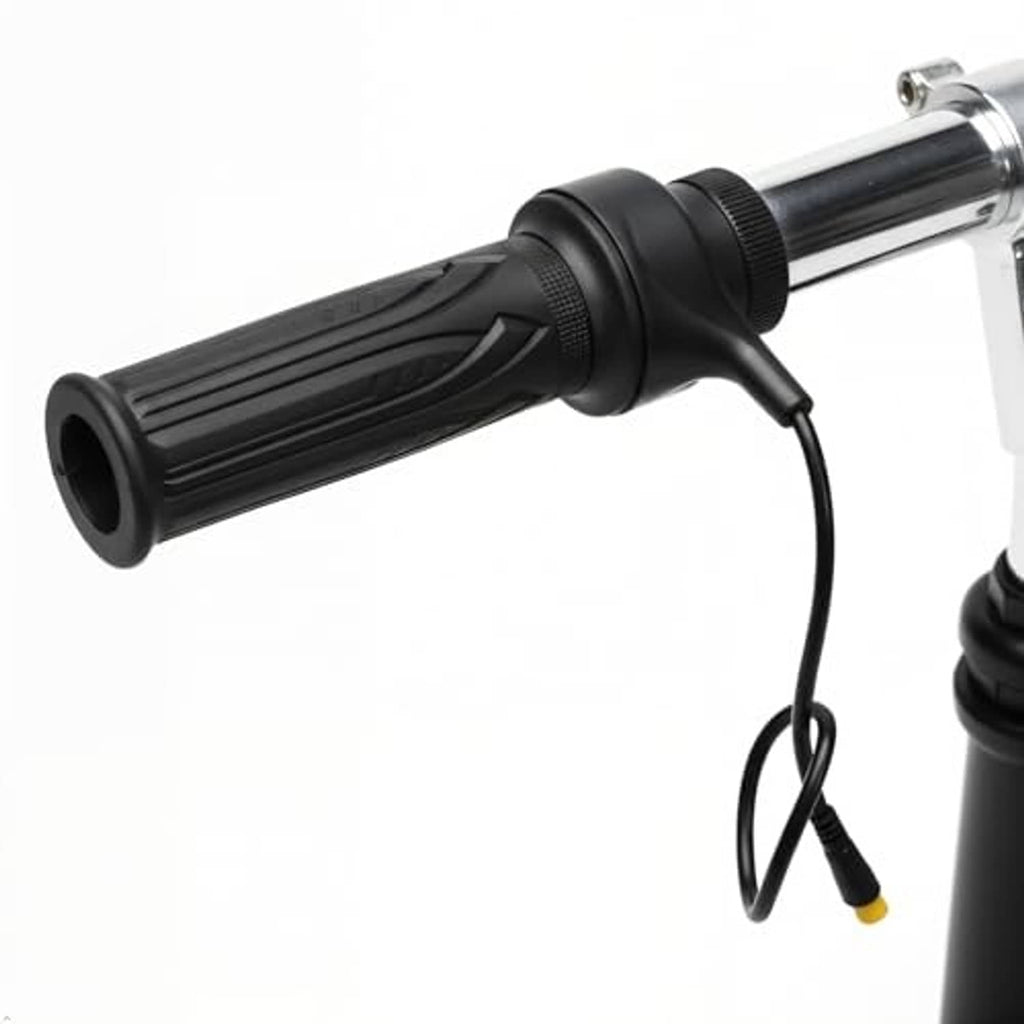 Black full-twist throttle grip on handlebar with yellow-tipped connector cable