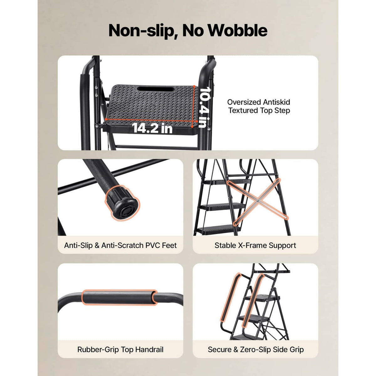 5-step ladder with anti-slip textured top step, grippy PVC feet, and rubber hand grips