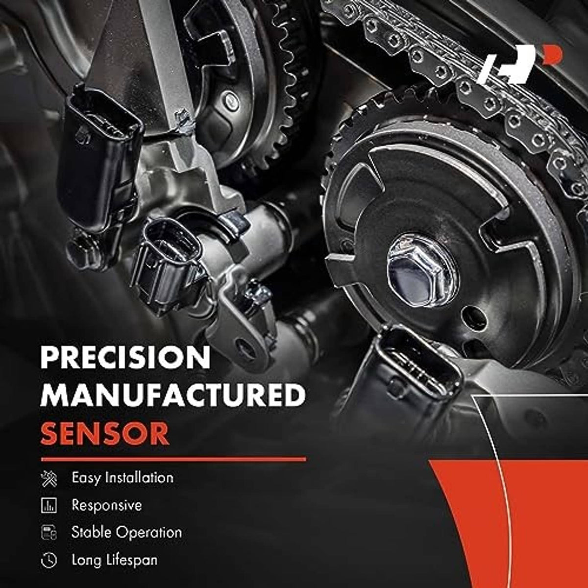 Precision camshaft crankshaft position sensor close-up with metal and black housing