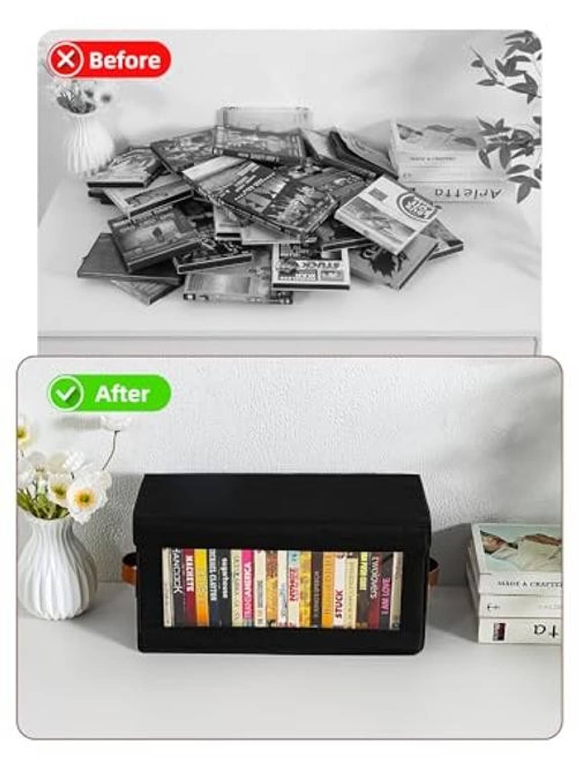 Black dustproof DVD storage box with clear window, placed on a tabletop