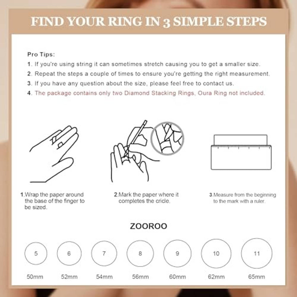 Package graphic showing sizing instructions and ring templates for stackable rings.