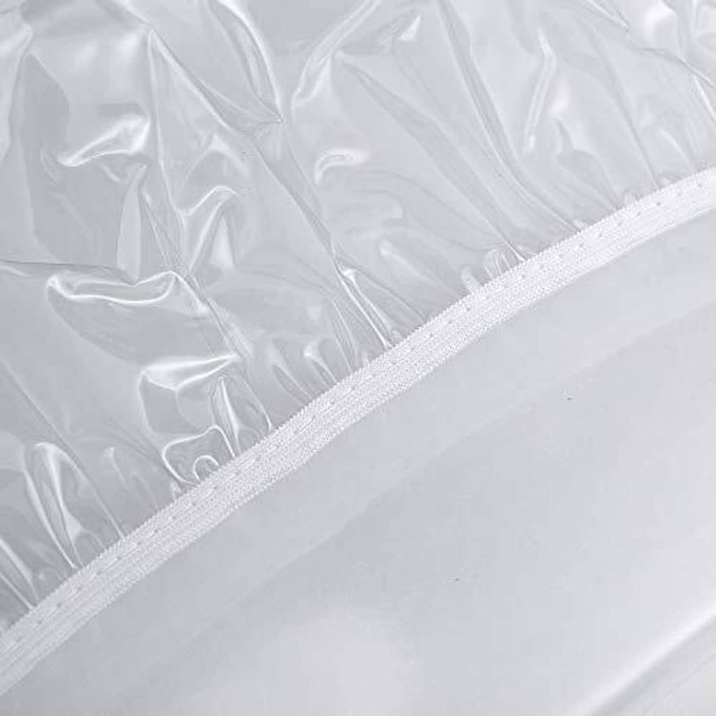 Transparent plastic table cover edge with white stitched hem detail