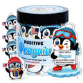 Close-up of Positive Penguin affirmation card jar with penguin character stickers