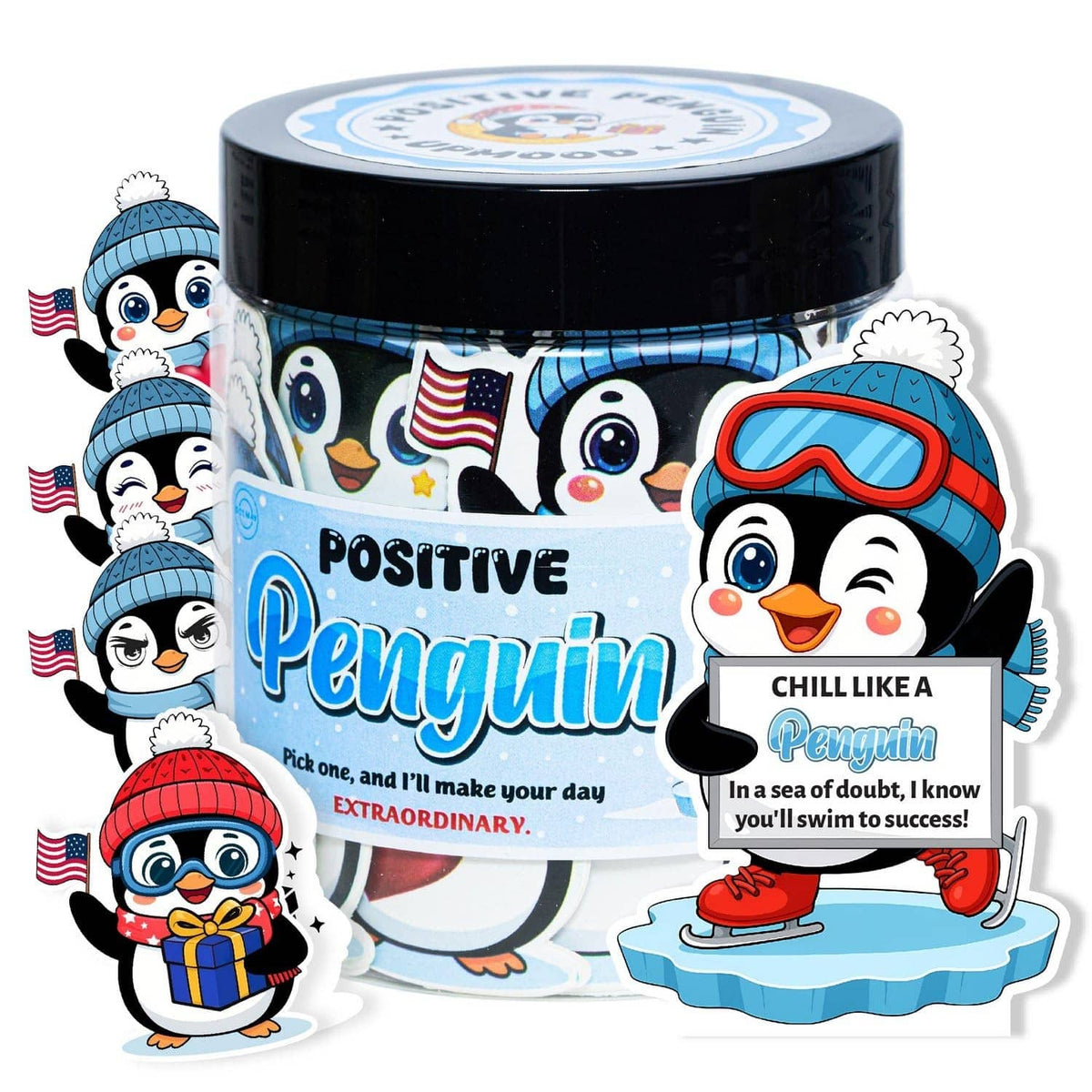 Close-up of Positive Penguin affirmation card jar with penguin character stickers