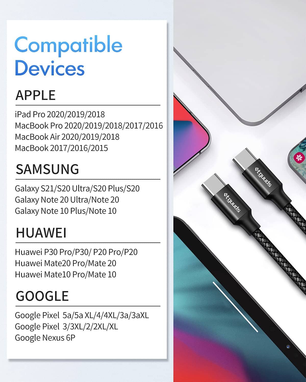Black braided USB-C charging cables with silver USB-C connectors, bundled view.