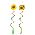 Pair of sunflower windsock spinner hangings with orange-green ribbon tails and metal loops