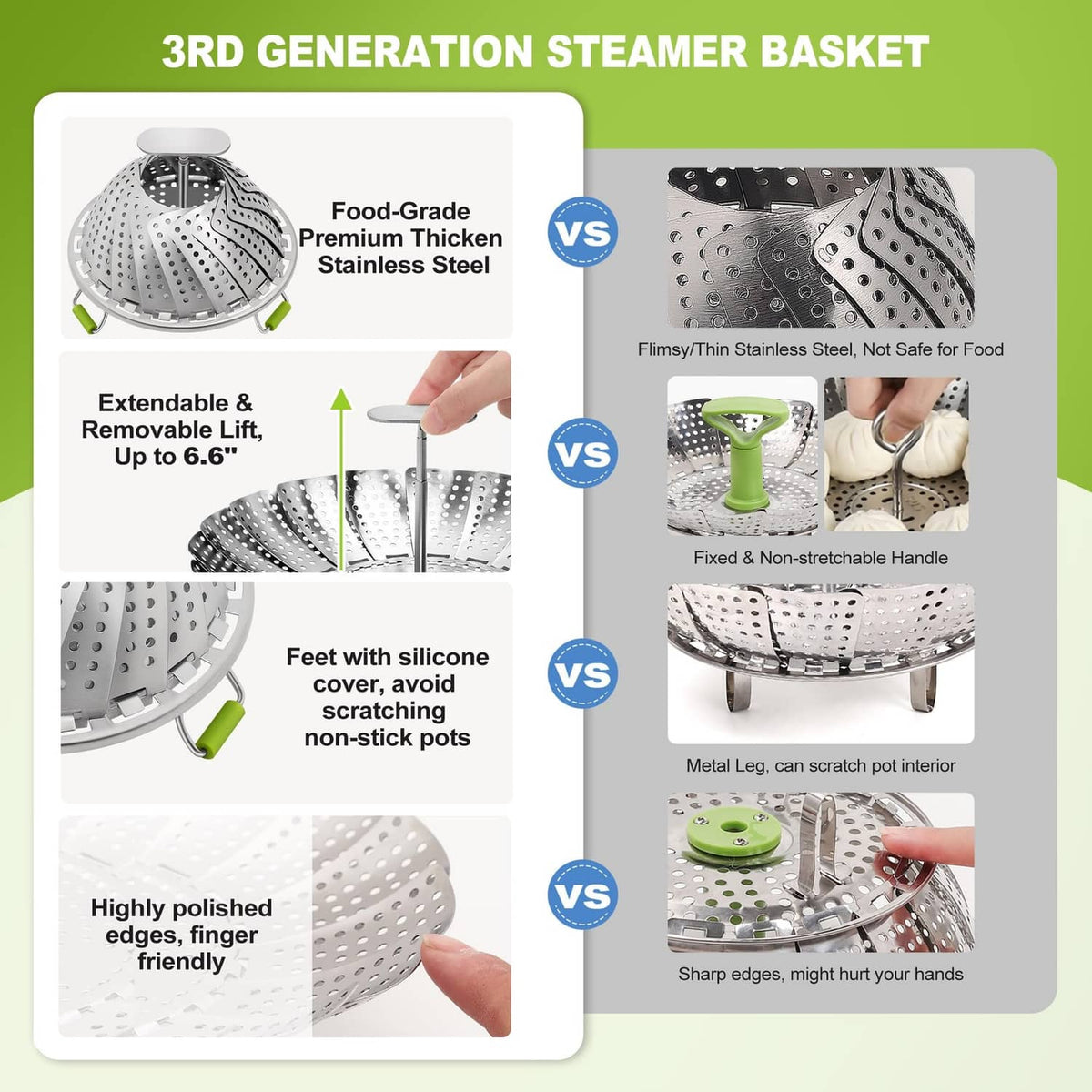 Stainless steel expandable steamer basket with detachable handle and silicone feet
