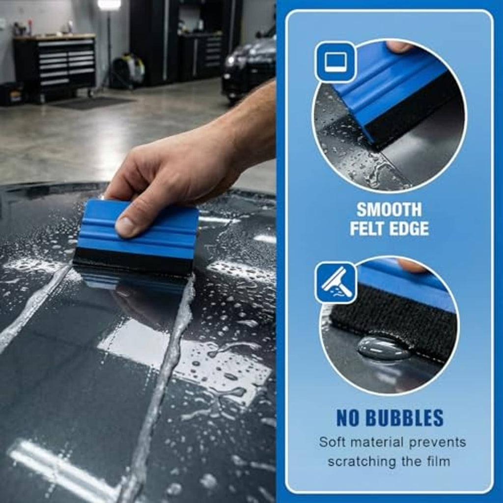 Blue vinyl squeegee tool with smooth felt edge and black foam pad