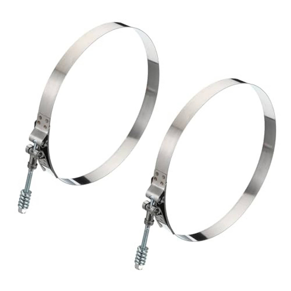 Stainless steel T-bolt hose clamp pair, circular band with spring-loaded screw