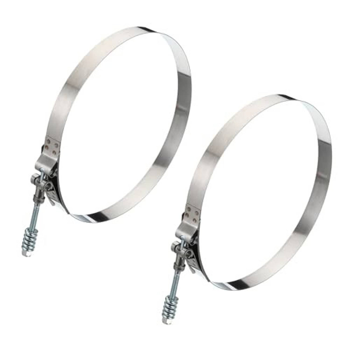 Stainless steel T-bolt hose clamp pair, circular band with spring-loaded screw