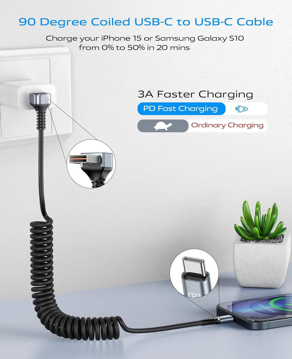Coiled USB-A to USB-C cable with right-angle plug and USB-C end, black