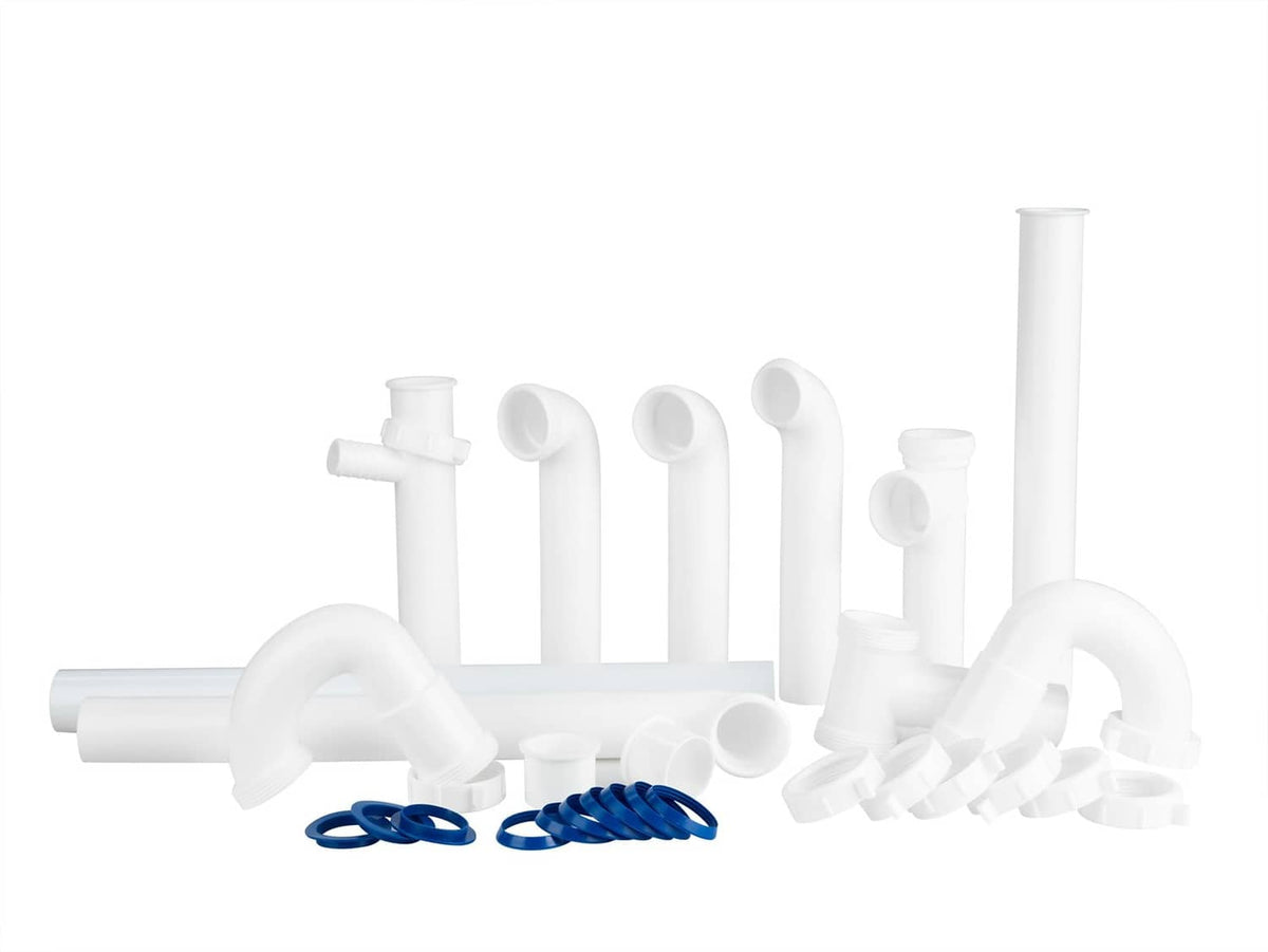 White kitchen sink drain repair kit with PVC pipes, fittings, and blue clips