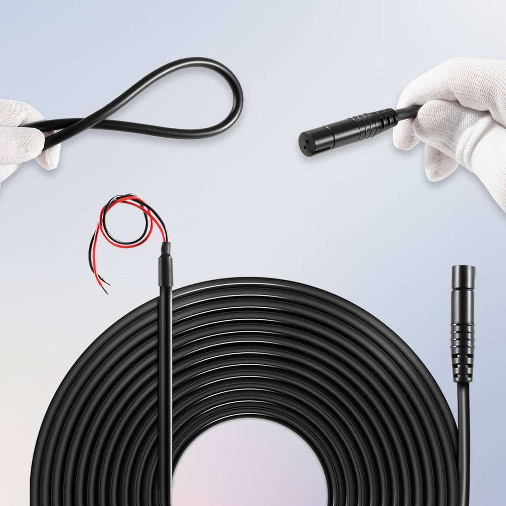 Coiled black power cable with cylindrical connector and red/black wire leads