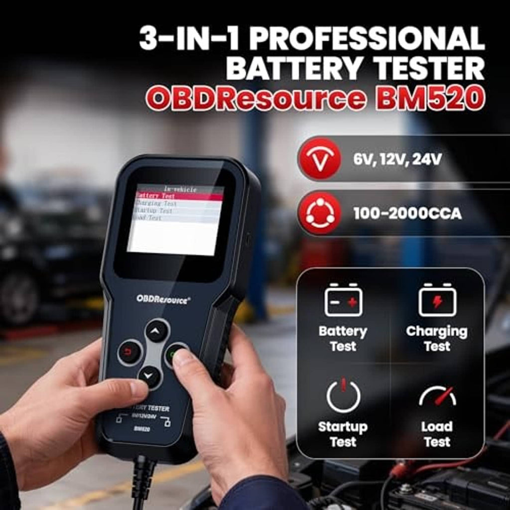 Handheld car battery tester with LCD screen and buttons, on a vehicle dashboard