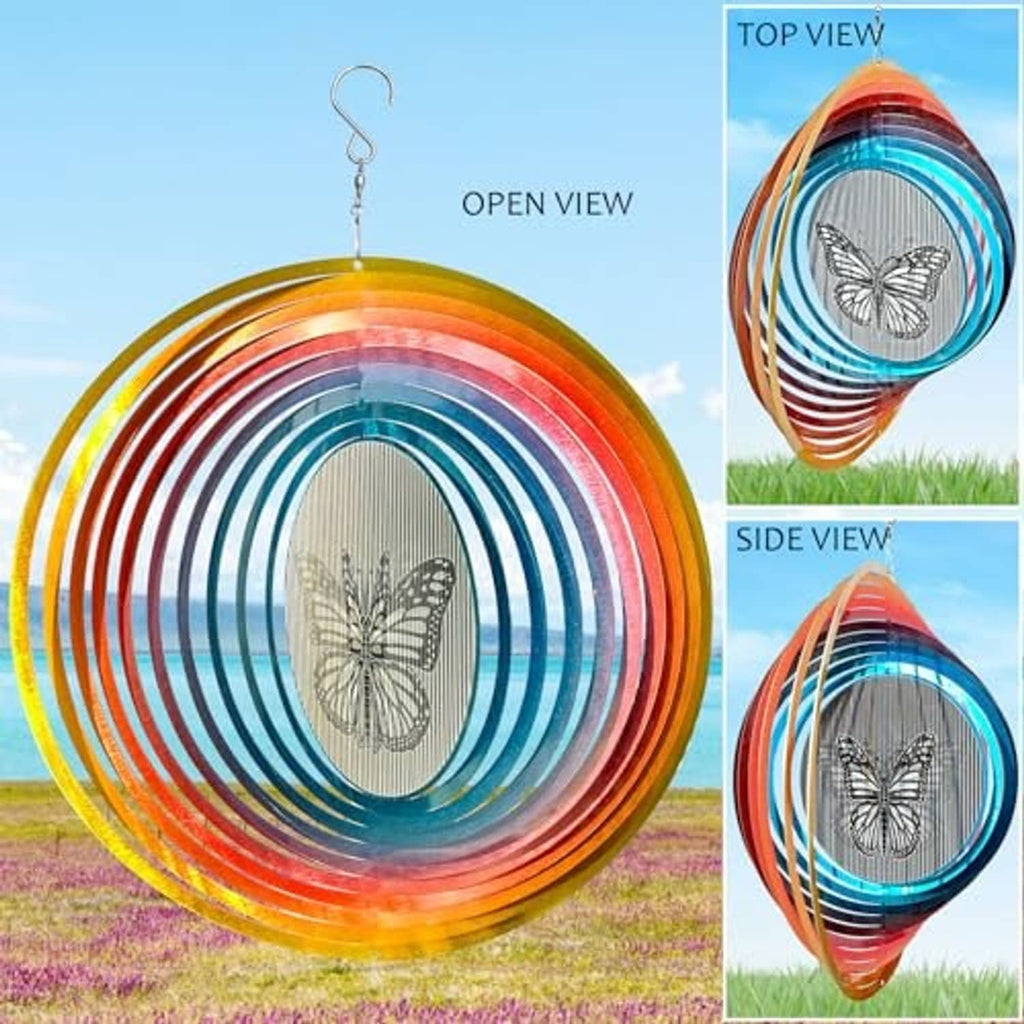 Rainbow teardrop wind spinner with butterfly medallion shown in top and side views
