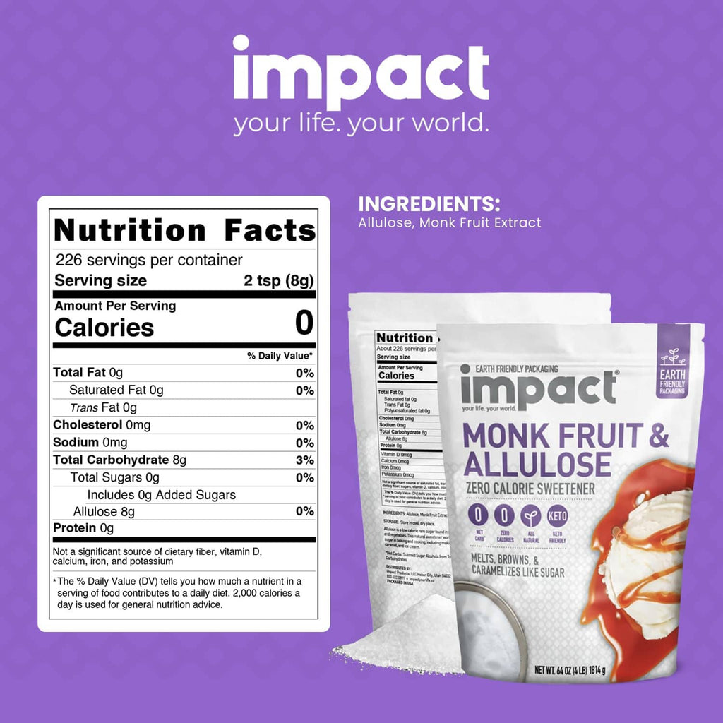Impact monk fruit & allulose sweetener pouch with nutrition facts panel and ingredient list